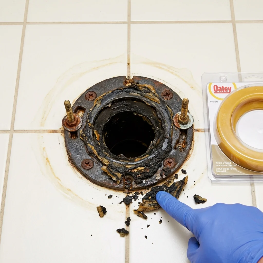 Failed wax ring showing water seepage at the base of a toilet in a Marcellus, MI home