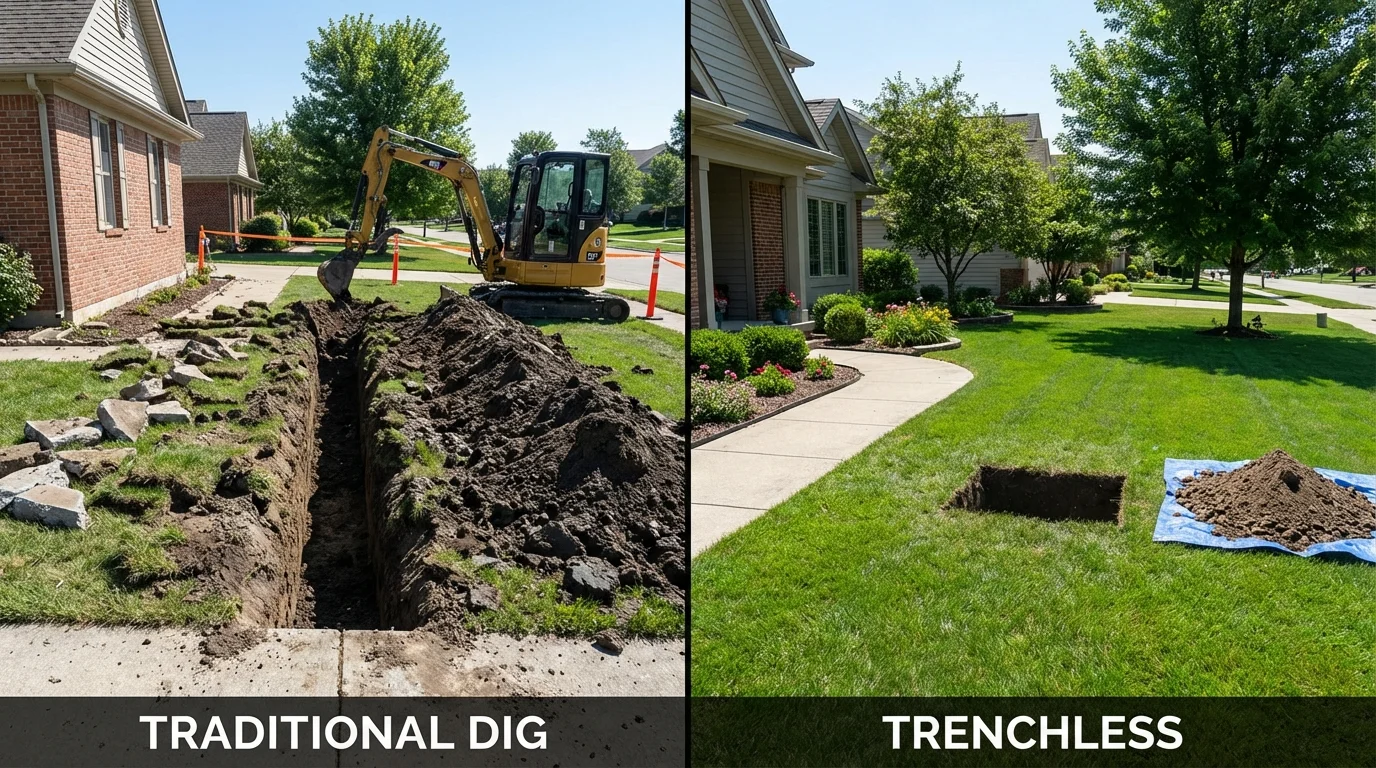 Trenchless sewer repair with minimal yard damage versus traditional excavation in Marcellus, MI