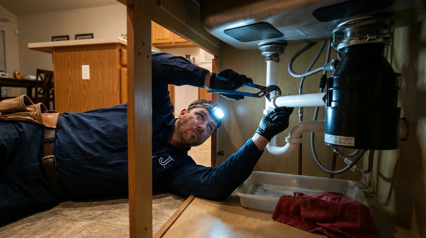 P-trap and supply line connections under a kitchen sink showing a common leak point in Marcellus, MI